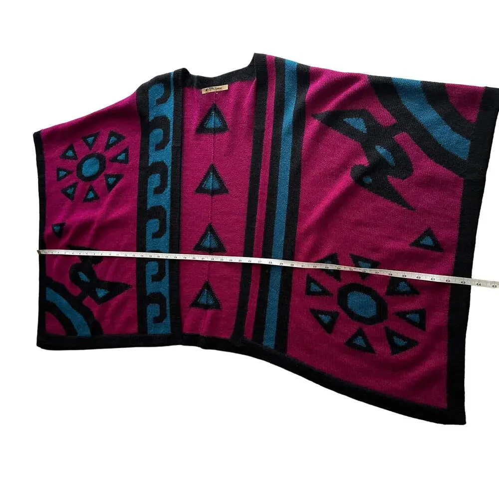 Origin Alpaca Bright‎ South American Graphic Pink Teal Knit Ruana Poncho Wrap OS